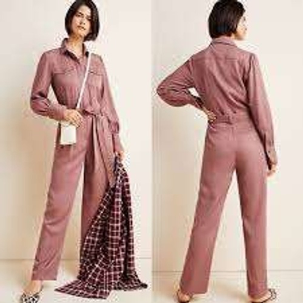 NWT Current Air Anthropologie Desta Mauve Utility Jumpsuit Long Sleeve Tie Med